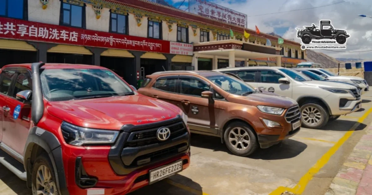 Indian cars stops at New Tingri before heading towards Everest Base Camp.